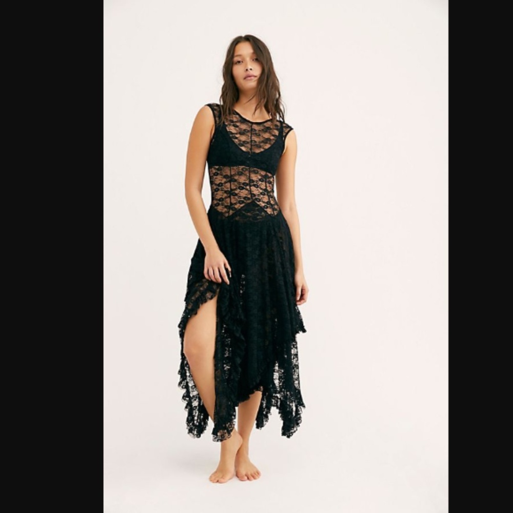 Free People French Courtship Slip Dress Lace Black